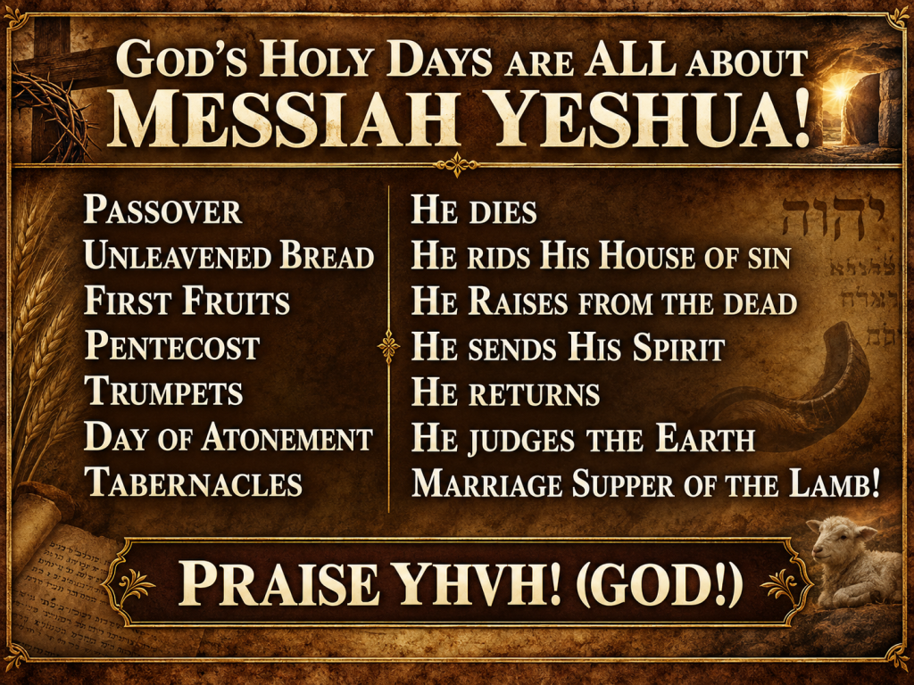 Christian teaching poster titled “God’s Holy Days Are All About Messiah Yeshua” showing seven Holy Days and their meanings from Passover to Tabernacles in a warm parchment and bronze design.