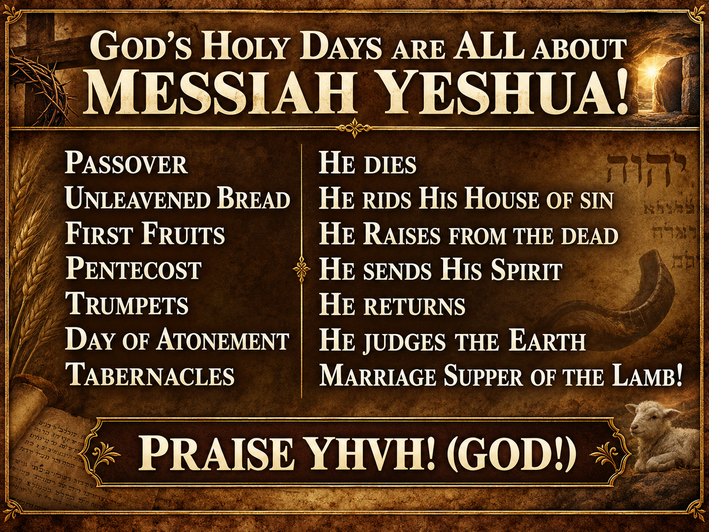 Christian teaching poster titled “God’s Holy Days Are All About Messiah Yeshua” showing seven Holy Days and their meanings from Passover to Tabernacles in a warm parchment and bronze design.